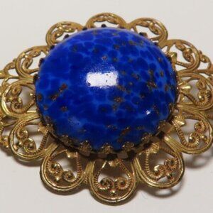 VTG Miriam Haskell Filigree Faux Lapis Blue Eye Shaped Brooch Pin Signed